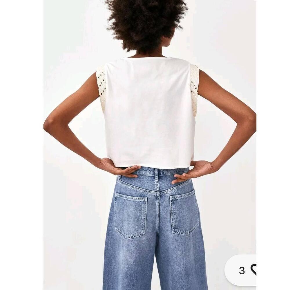 Zara Guipure Embroidery Crop Blouse Lace Short Sleeve Crewneck Size Small - Picture 5 of 12